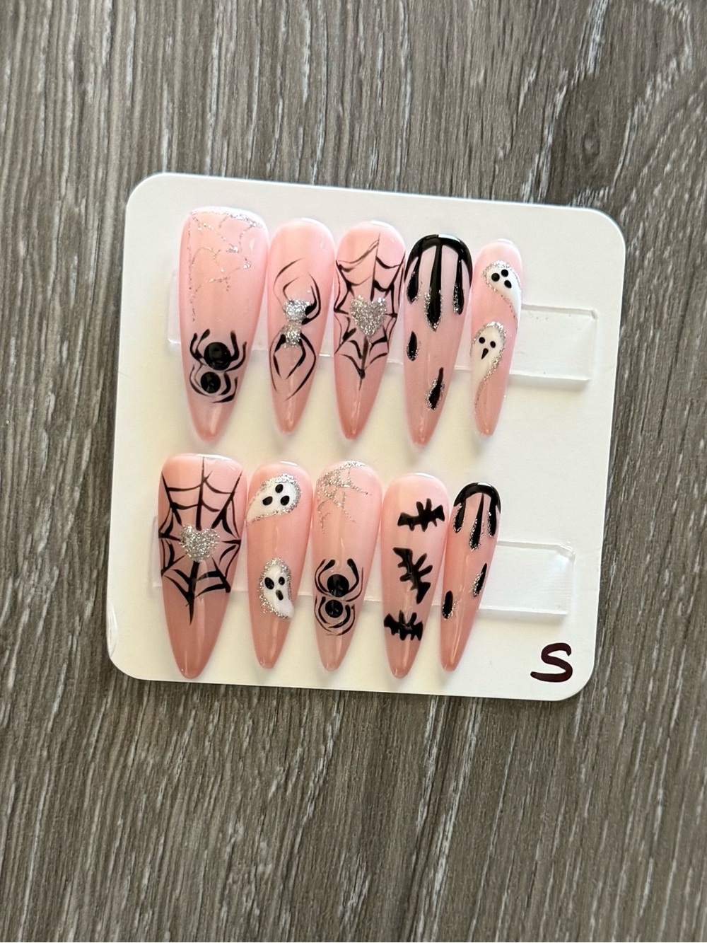 Pink Nude Halloween Stiletto Press-On Nails with Black Accents